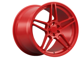 Obraz premium Bright red car rim PNG isolated on transparent background, custom wheel with five spokes for automotive design and vehicle customization