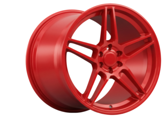 Bright red car rim PNG isolated on transparent background, custom wheel with five spokes for automotive design and vehicle customization