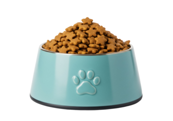 Dog food in blue bowl isolated PNG, star shaped kibble for pet nutrition on transparent background, canine diet