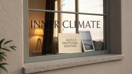 Close-up of a window with a sign reading 'Notice Emotional Weather' and a lamp inside, reflecting inner climate on a beige wall with a plant.