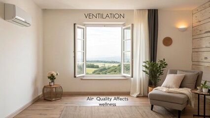 Modern living room interior with open window, ventilation system, and comfortable armchair, overlooking green landscape with warm lighting and minimalist decor.