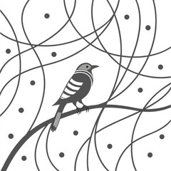 Stylized Bird Perched on a Branch with Abstract Background and Dots Keywords: bird, perch, branch, tree, nature, animal, wildlife, illustration
