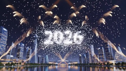 Spectacular 2026 New Year Fireworks Display Over Futuristic Cityscape