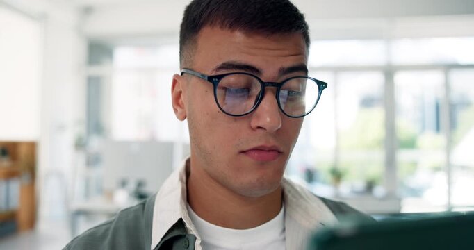 Man, glasses or tablet in office for reading news report, blog post or impressed with journalism. Person, eyewear or tech in workplace with review, online article or admiration for media publication.