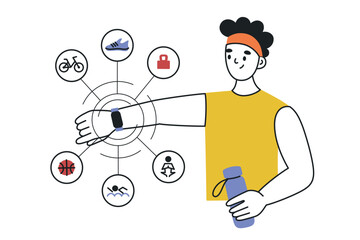 Man using fitness tracker, flat cartoon vector illustration for health, sport and technology design, athlete wearing bracelet device tracking running, cycling, swimming and gym workouts