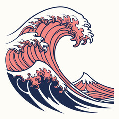 Stylized Japanese wave illustration with coral pink and navy blue colors Keywords: wave, ocean, sea, water, Japanese, ukiyo-e, stylized