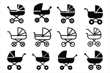 Set of black and white baby stroller, wheelbarrow icons featuring various pram designs for childcare and parenting themes.