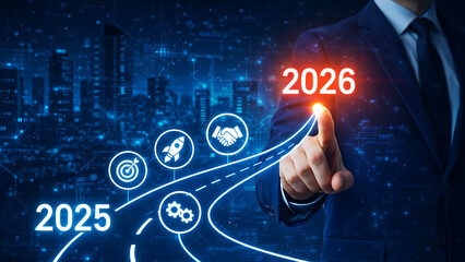 Businessman pointing at a glowing digital growth chart moving from 2025 to 2026 with icons for target rocket handshake and gears for success
