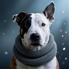 A Heartwarming Winter Portrait: Charming Black and White Mixed-Breed Dog in a Cozy Grey Scarf Against a Soft Bokeh Backdrop