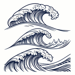 Three detailed dark blue wave illustrations on a white background ocean water
