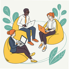 Three people working on laptops on beanbag chairs surrounded by plants vector illustration