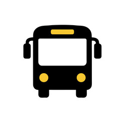 Black and yellow front view of a bus icon on a white background