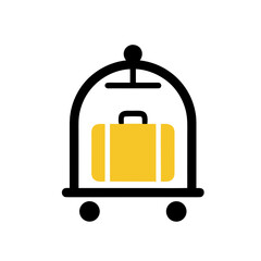Stylized vector illustration of a classic hotel luggage cart with a yellow suitcase, symbolizing travel, hospitality, and guest service for accommodations and journeys