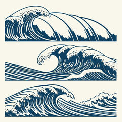 Three stylized dark blue wave illustrations in a row on a cream background ocean water