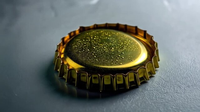 Close up of a golden bottle cap on a light neutral surface copy space