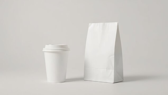 White disposable coffee cup with a lid and a white paper bag placed side by side against a plain grey background, symbolizing takeaway service or a minimalist aesthetic in a  setting.