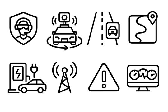 Futuristic Vehicle Icons. Next-Gen Vehicle Systems linear set: AI co-pilot badge, 360&deg; camera ring, smart lane marker, route optimization path, EV charging monitor, wireless comms