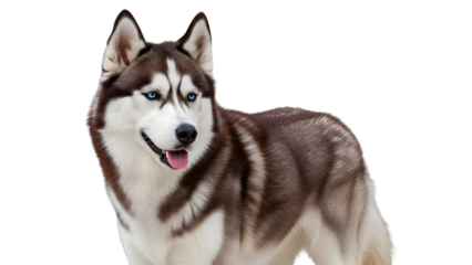 Happy siberian husky with bright blue eyes on white background