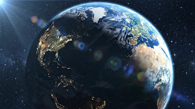 Rotating earth globe with city lights and sun flare in outer space