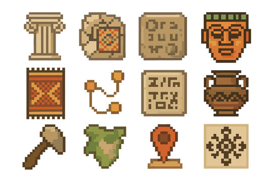 Ancient Civilizations Icons. Past Civilizations Study pixel style set: temple pillar, mosaic fragment, stone tablet, cultural mask, woven textile, trade route line, ancient script