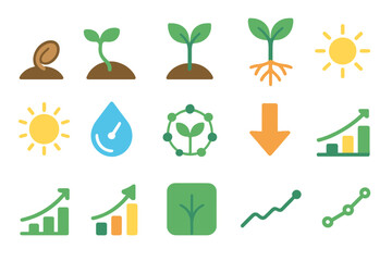 Natural Growth Icons. Natural Growth Kit flat set: germinating seed, tender sprout, leaf spread, root extension, sunlight beam, hydration gauge, nutrient arrow, steady climb bar,