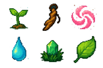 Nature Enchantment Icons. Nature Enchantment Tokens set of icons in flat pixel vector style: glowing sprout, driftwood charm, petal swirl, essence droplet, tiny forest gem,