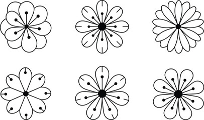 Six black and white flower with dots and lines