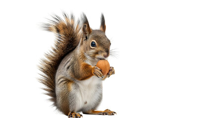 Obraz premium Curious squirrel eating nut on white background