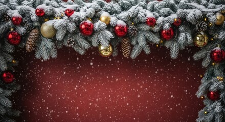 Snow Covered Fir Garland With Red And Gold Ornaments Against A Maroon Background