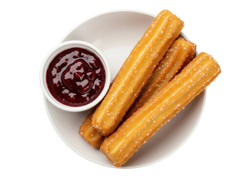 Delicious churros with berry sauce on plate isolated PNG, traditional Spanish dessert for breakfast or snack on transparent background