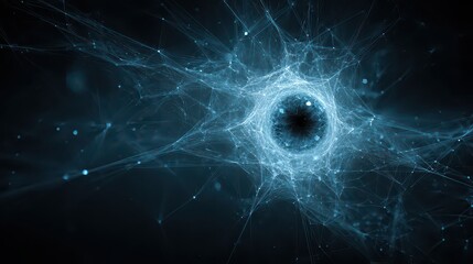 Abstract Light Blue Dots Bursting From Dark Void in Ethereal Web Formation On Black Background