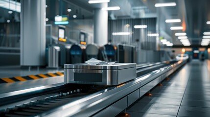 an airport security X-ray baggage scanner with a conveyor belt setup.