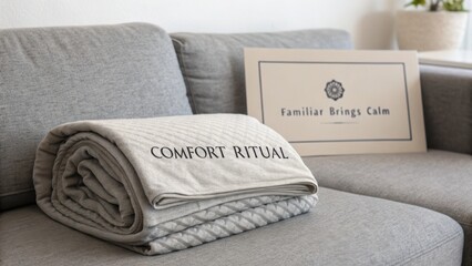 A rolled gray blanket with 'COMFORT RITUAL' on a gray couch with a 'Familiar Brings Calm' sign, against a white background with warm tones.
