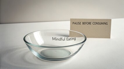A clear glass bowl with 'Mindful Eating' text and a 'PAUSE BEFORE CONSUMING' note on a white surface with a plain background.