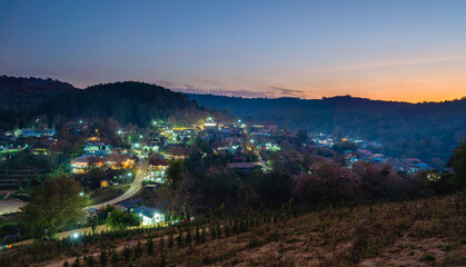 Fototapeta premium Aerial view of village with Pink Wild Himalayan Cherry tree blooming on dusk , Phitsanulok Thailand from viewpoint hill top