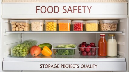 Open refrigerator with various food items stored on shelves emphasizing food safety and quality protection.