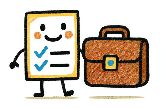 Cheerful Checklist. An icon of a checklist as a happy character with thick, crayon-like outlines, next to a briefcase drawn in a deliberately naive, childish style. Minimal