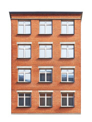 Fototapeta premium A red brick building with multiple windows, showcasing urban architecture and design