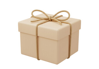 Beige gift box with rope isolated PNG, present with tied bow on transparent background for birthday and Christmas celebration