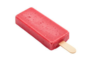 Rectangular red popsicle isolated PNG on transparent background, frozen fruit dessert with wooden stick for summer treat