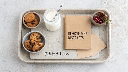 Overhead shot of a tray with cookies, milk, and a notebook with 'REMOVE WHAT DISTRACTS' on a white background with a minimalist mood.