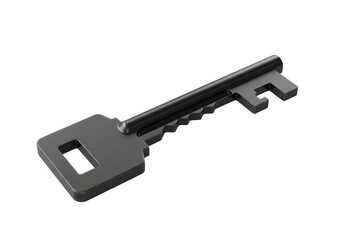 Modern black metal key isolated PNG, security and access concept for graphic design and presentations on transparent background