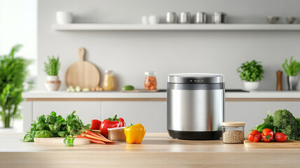 Modern food processor on kitchen counter with fresh vegetables, healthy cooking concept