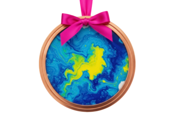 Round Christmas ornament with blue and yellow swirl pattern isolated PNG, festive holiday decoration with pink ribbon on transparent background