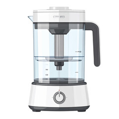 An electric blender and a steel espresso machine coffee maker are kitchen appliance objects isolated on a white background for a cafe beverage