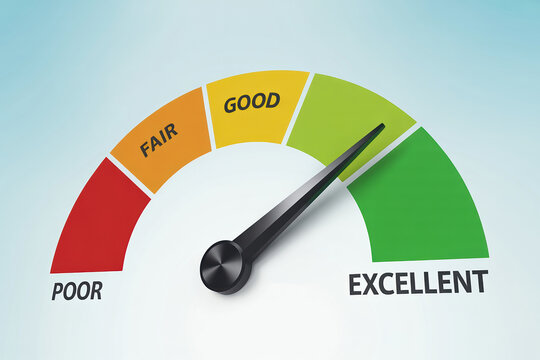 Credit score performance from poor to excellent with measurement of success and positive satisfaction