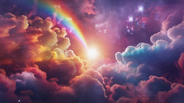 Breathtaking Rainbow Arching Over a Luminous Cloudscape, Bathed in Golden Light Amidst Whimsical Hues, Creating a Magical and Dreamlike Ethereal Sky
