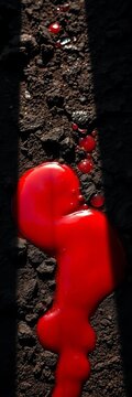 Crimson sauce pools like a forbidden elixir on a textured, charred landscape, captured in stark contrast,  char,  vivid