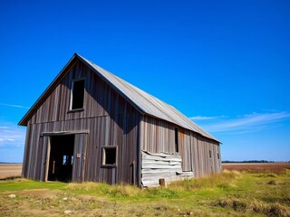 Obraz premium Old barn with peeling paint against a vast blue sky, vintage, agricultural