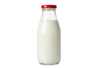 Glass milk bottle with red cap isolated PNG, fresh dairy product on transparent background for healthy eating and nutrition concepts